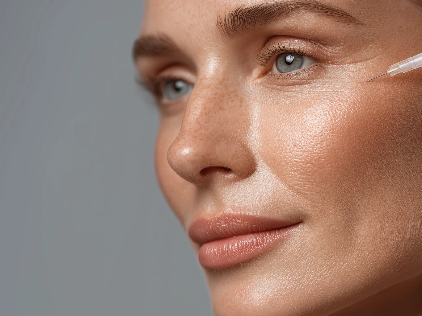 woman with blue eyes and natural makeup showing calm and confident expression