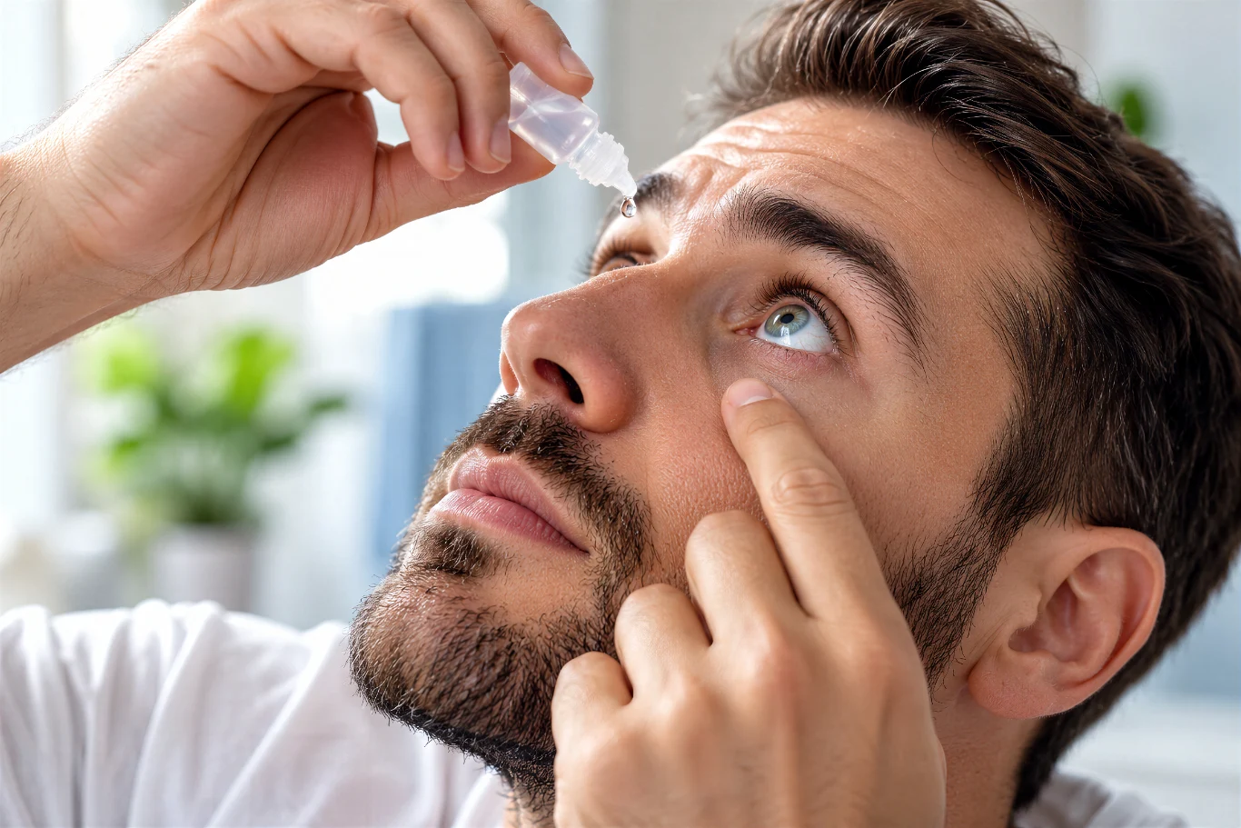 dry eye treatment eye drop application Man applying eye drops for dry eyes relief
